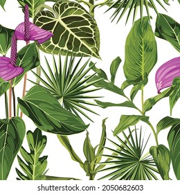 Anthurium. Seamless floral pattern with violet glossy flowers and anthurium and palm leaves. Tropical pattern on a white background. 