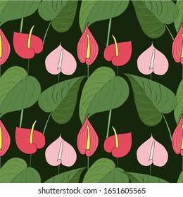 Patrón antrurio sin fisuras. Diseño artístico, rojo, rosa, hojas verdes, ilustración vectorial para telas, para estampado, para tapa, para estampado de tela