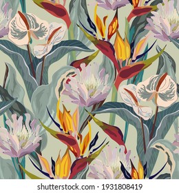 Anthurium and strelitzia seamless vector pattern. Red, orange, pink, beige flowers and green leaves on sage color background. Square design for fabric, wallpaper, scrapbook, wrap, invitation cards.