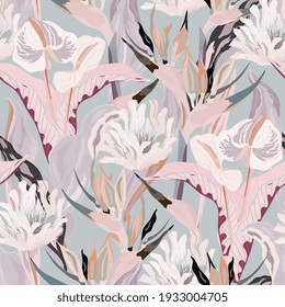 Anthurium and strelitzia seamless vector pattern. Large white, pink, beige flowers and leaves on light grey color background. Square design for fabric, wallpaper, scrapbook, wrap, invitation cards.