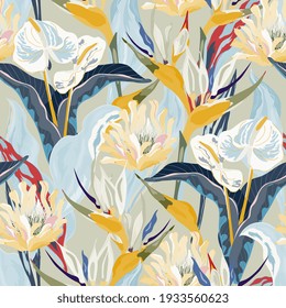 Anthurium and strelitzia seamless vector pattern. Large yellow, white flowers and leaves on light blue color background. Square design for fabric, wallpaper, scrapbook, wrap, invitation cards.