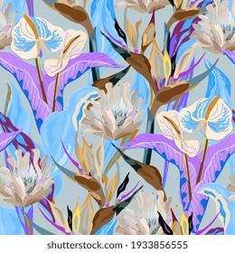 Anthurium and strelitzia seamless vector pattern. White, beige, brown flowers and lilac leaves on light blue color background. Square design for fabric, wallpaper, scrapbook, wrap, invitation cards.