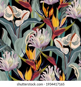 Anthurium and strelitzia seamless vector pattern. Large red, orange, pink, beige flowers and green leaves on black background. Square design for fabric, wallpaper, scrapbook, wrap, invitation cards.