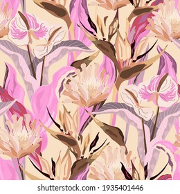 Anthurium and strelitzia seamless vector pattern. Red, pink, beige flowers and leaves on cream color background. Square design for fabric, wallpaper, scrapbook, wrap, invitation cards.