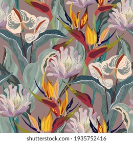 Anthurium and strelitzia seamless vector pattern. Red, orange, pink, beige flowers and green leaves on lilac color background. Square design for fabric, wallpaper, scrapbook, wrap, invitation cards.