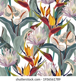 Anthurium And Strelitzia Seamless Vector Pattern. Large Red, Orange, Pink, Beige Flowers And Green Leaves On White Background. Square Design For Fabric, Wallpaper, Scrapbook, Wrap, Invitation Cards.