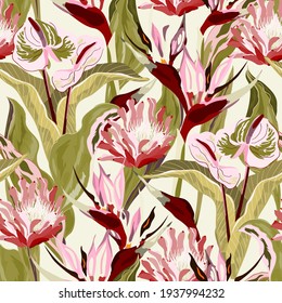 Anthurium and strelitzia seamless vector pattern. Red, white, pink flowers and green leaves on ivory color background. Square design for fabric, wallpaper, scrapbook, wrap, invitation cards.
