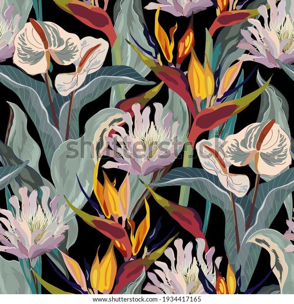 Anthurium and strelitzia seamless vector pattern. Large red, orange, pink, beige flowers and green leaves on black background. Square design for fabric, wallpaper, scrapbook, wrap, invitation cards.