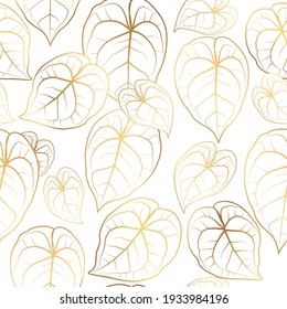 Anthurium tailflower leaves seamless pattern. Bright shiny golden gradient shapes outline on clean white background. Botanical floral vector design illustration.