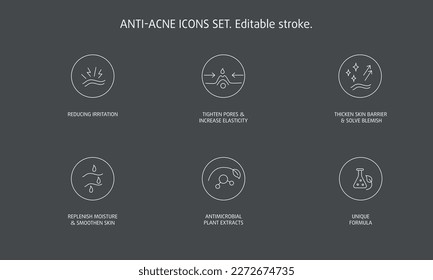 Anti acne antibacterial cosmetic and beauty product icon set for web or packaging design. Vector stock illustration isolated on black background. Editable stroke. EPS10