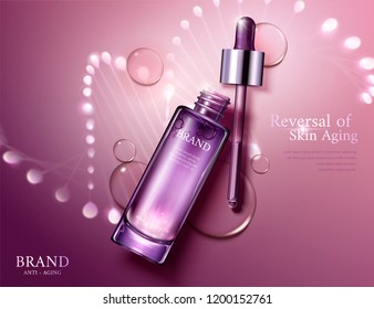 Anti aging cosmetic ads with glowing helix structure behind the bottles in 3d illustration, flat lay perspective