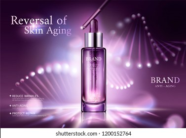 Anti aging cosmetic ads with glowing helix structure behind the droplet bottle in 3d illustration