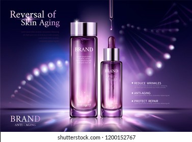 Anti aging cosmetic ads with glowing helix structure behind the bottles in 3d illustration