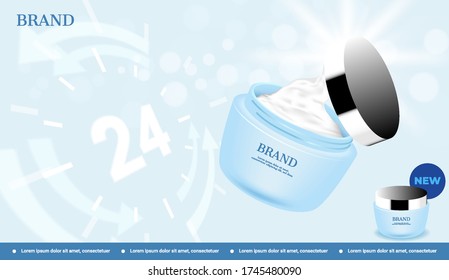 Anti aging cosmetic ads. Opened nourishing cream with clock icon