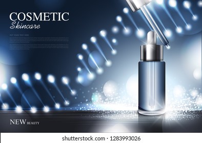 Anti aging cosmetic product poster, bottle package design with moisturiser cream, dna or liquid, sparkling background with glitter polka, vector design.