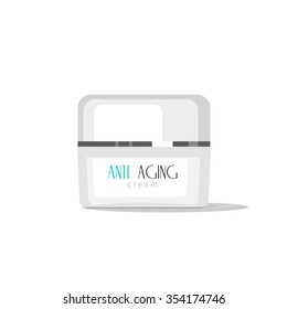 Anti aging cream container vector illustration flat style icon with logo text, beauty cosmetics, milk, gels for face skin badge, simple modern sticker design isolated on white