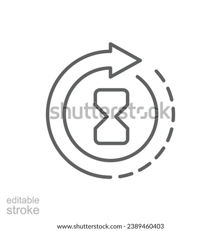 Anti aging hourglass icon. Simple outline style. Waiting slow time, anti old, clock, sandglass with round arrow, timer concept. Thin line symbol. Vector illustration isolated. Editable stroke.