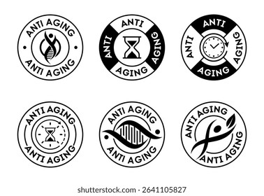 Anti aging icon set design. Anti aging badge label sign black on white background