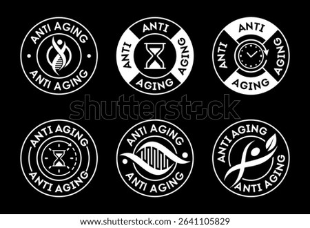 Anti aging icon set design. Anti aging badge label sign white on black background