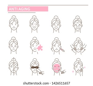 Anti aging icons. Line style vector illustration isolated on white background.