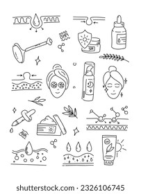 Anti aging skin treatment Icons set. Doodle collection face and beauty. skin care for woman skin cell.