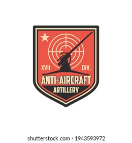 Anti aircraft artillery isolated military chevron with armored vehicle, target aim. Vector air defense, warfare seal on office uniform, infantry squad with anti-aircraft machine, tank tracks operation