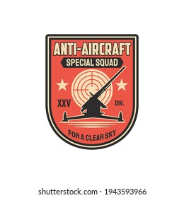 Anti aircraft artillery special squad for clear sky isolated military chevron. Vector infantry troops machine, tank tracks operation. Armored vehicle, target aim, air defense, seal on office uniform