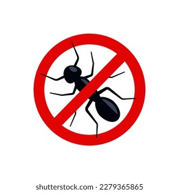 Anti ant, pest control. Stop insects sign. Silhouette of ant in red forbidding circle, vector illsutration. No ant insects sign. Vector illustration