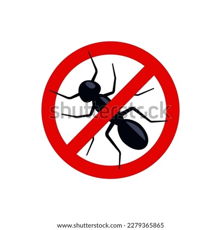 Anti ant, pest control. Stop insects sign. Silhouette of ant in red forbidding circle, vector illsutration. No ant insects sign. Vector illustration