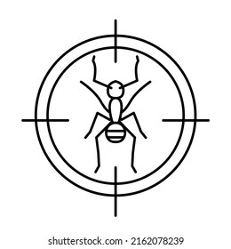 Anti-Ameisenzeichen. Insektenschutzsymbol. Ants-Repellent Spray, Creme, Piktogramm. Rundsymbol der Insektifuge. Bearbeitbare Vektorgrafik auf schwarz, roter Farbe einzeln auf weißem Hintergrund.