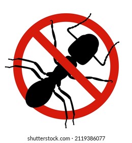 Anti ants, pest control. Stop insects sign. Silhouette of ant in red forbidding circle, vector illsutration