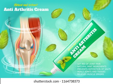 Anti Arthritis Cream With Natural Mint Extract Realistic Vector Promo Poster. Branded Tube Of Pain Relief Medical Product For Joints Diseases Treat With Healthy Knee Joint, Mint Leaves Illustrations