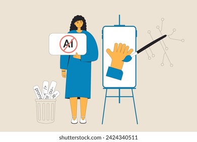 Anti artificial general intelligence for design. Young artist protest against working with AI tools to create painting. Vector illustration