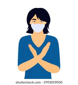 Anti Asian Hate poster. Chinese woman is showing stop hand gesture. Racism crime.