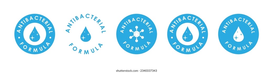 Antibakterielles Formelzeichen, Etikett, Aufkleber oder Emblem. Antibakterielles Gel oder Spray zur Desinfektion. Hygienekonzept. Vektorsymbol-Set