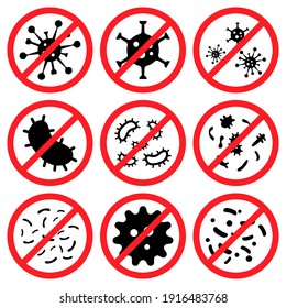 Anti bacterial icons. Stop of virus, germs and microbe, prohibition badges. Antibacterial and antiviral defense, protection from infection. Set of antibacterial sign. No bacteria, icons. Vector