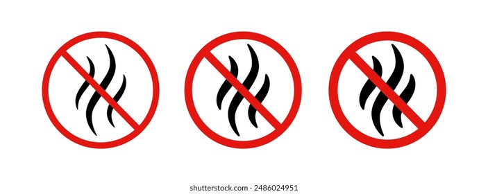 Anti bad smell icon. Odor control label. Forbidden flavors symbol. Strong flavors are not allowed. Deodorant sign. No perfume icon. Forbidden smoke. Vector illustration isolated on white background.