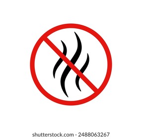 Anti bad smell icon. Odor control label. Forbidden flavors symbol. Strong flavors are not allowed. Deodorant sign. No perfume icon. Forbidden smoke. Vector illustration isolated on white background.