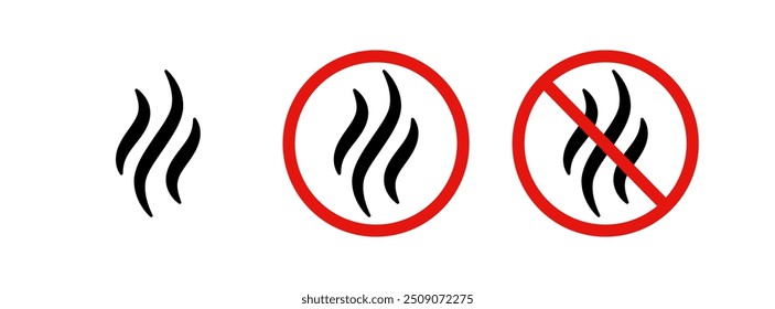 Icono anti mal olor. Etiqueta de control de olores. Símbolo de sabores prohibidos. No se permiten sabores fuertes. Signo de desodorante. No hay icono de perfume. Humo prohibido. Ilustración vectorial aislada sobre fondo blanco.