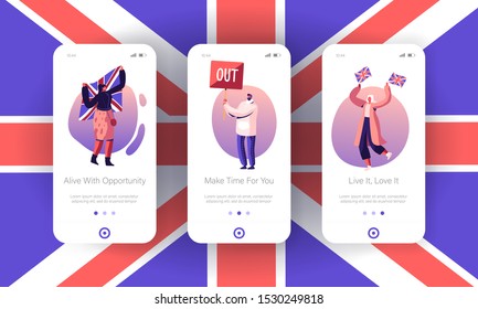 Anti Brexit Supporters Strike Mobile App Page Onboard Screen Set. People with Traditional Britain Flags for UK Leaving European Union Concept for Website or Web Page, Cartoon Flat Vector Illustration