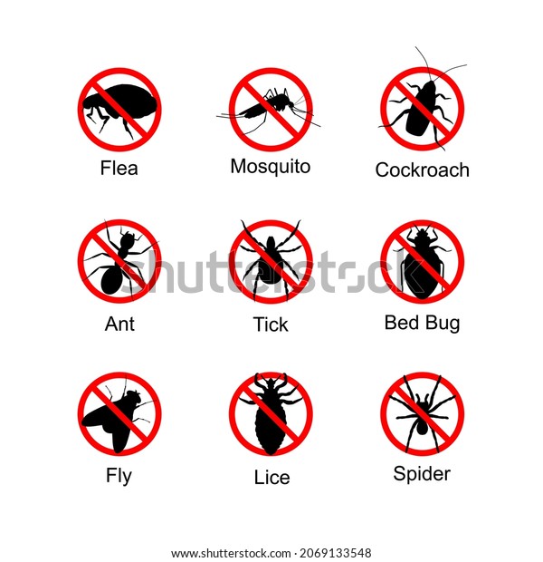 Anti bug symbol icon of flea, ant,fly,\
mosquito, tick, lice, cockroach, bed bug,\
spider