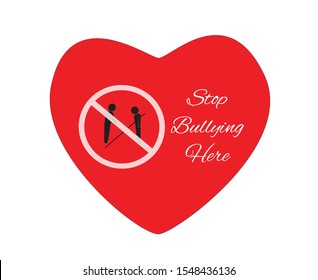 Anti Bully symbol with message STOP BULLYING HERE in RED HEART SHAPE, sign symbol background, vector illustration.