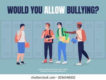 Anti Bullying Campaign For School Poster Flat Vector Template. Brochure, Booklet One Page Concept Design With Cartoon Characters. Teen Harassment Prevention Flyer, Leaflet With Copy Space