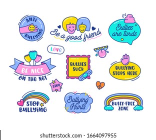 Anti Bullying Icons Set Isolated on White Background. Colorful Banners and Badges with Doodle Elements, Hand Written Typography. Rainbow Stickers. Friendship in Internet. Cartoon Vector Illustration