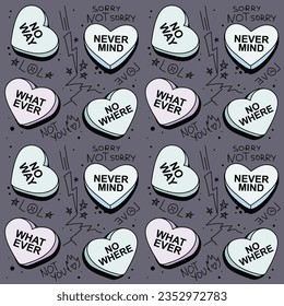 Anti candy heart sayings. Pattern, texture. Vector illustration.