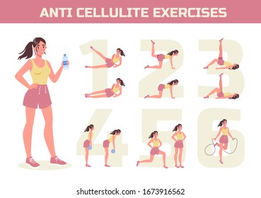 Anti Cellulite Exercises Program For Losing Weight. Become Slim Doing Sport Exercise For Thighs. Healthy And Active Lifestyle. Isolated Flat Vector Illustration