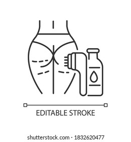 Anti cellulite program linear icon. Dimpled skin tightening. Anti cellulite cream and brush. Thin line customizable illustration. Contour symbol. Vector isolated outline drawing. Editable stroke