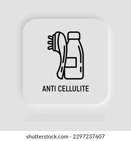 Anti cellulite treatments thin line icon: body massager and body oil in glass bottle. Modern vector illustration for beauty shop.
