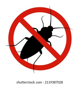 Anti cockroach, pest control. Stop insects sign. Silhouette of cockroach in red forbidding circle, vector illsutration