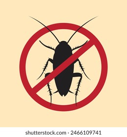 Anti cockroach, pest control. Stop insects sign. Silhouette of cockroach in red forbidding circle, vector illsutration
